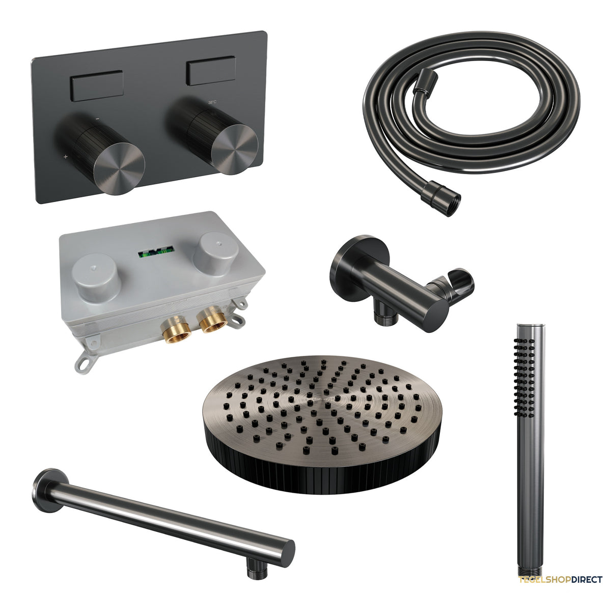 Brauer Stripe thermostatische inbouw regendouche met drukknoppen SET 25 met 25 cm douchekop en rechte muurarm en staaf handdouche en doucheslang en wandaansluitbocht gunmetal geborsteld PVD – afbeelding 3