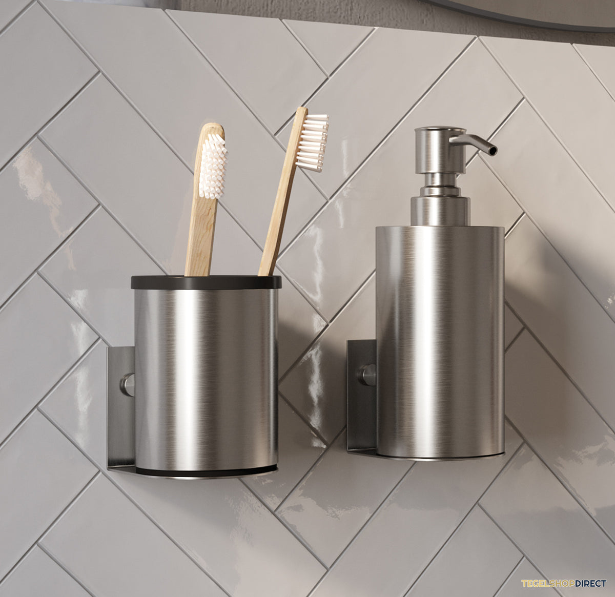 Zeepdispenser en Beker BRAUER Model A Incl. Wand Ophanging en Magnetisch opzetvlak Geborsteld RVS – afbeelding 2