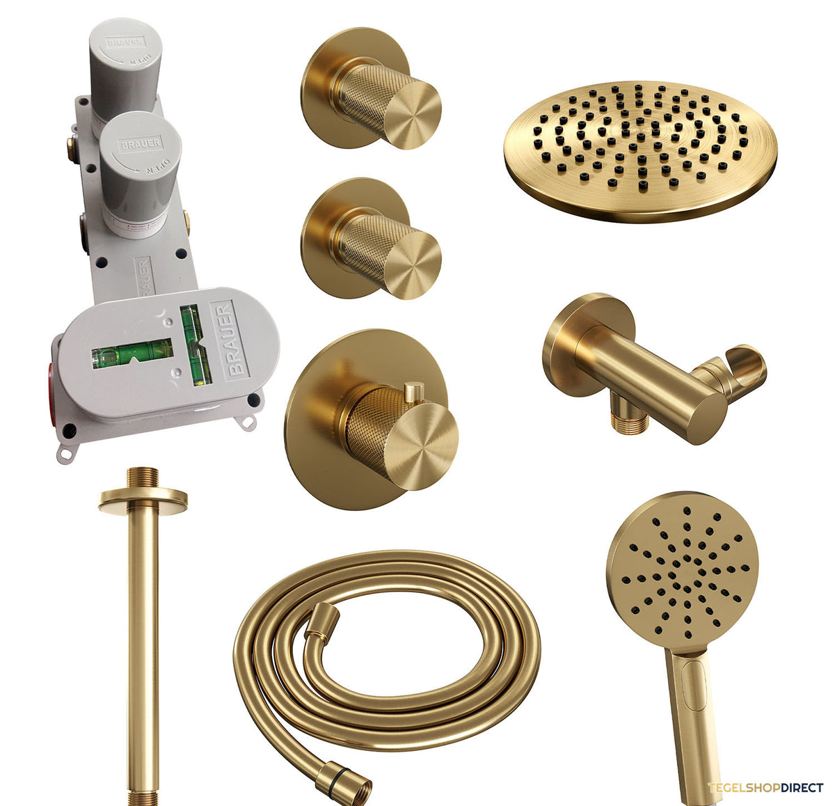 Regendoucheset Inbouw Brauer Gold Carving Thermostatisch 20cm met Plafondarm en Handdouche 3-Standen Losse Stopkranen Geborsteld Goud – afbeelding 4