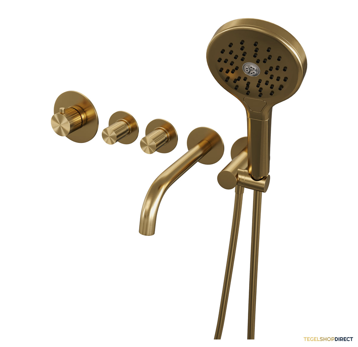 Brauer Stripe thermostatische inbouw badkraan SET 02 met uitloop en 3-standen handdouche en doucheslang en wandaansluitbocht goud geborsteld PVD – afbeelding 2