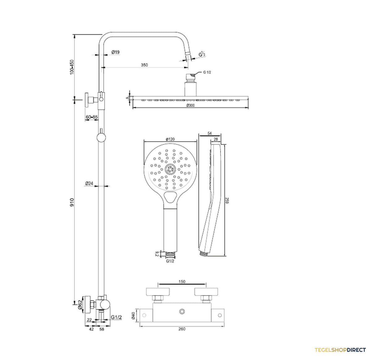 Regendouche Brauer Chrome Showerpipe Met Thermostaat 30cm 3 Standen Messing Chroom – afbeelding 7