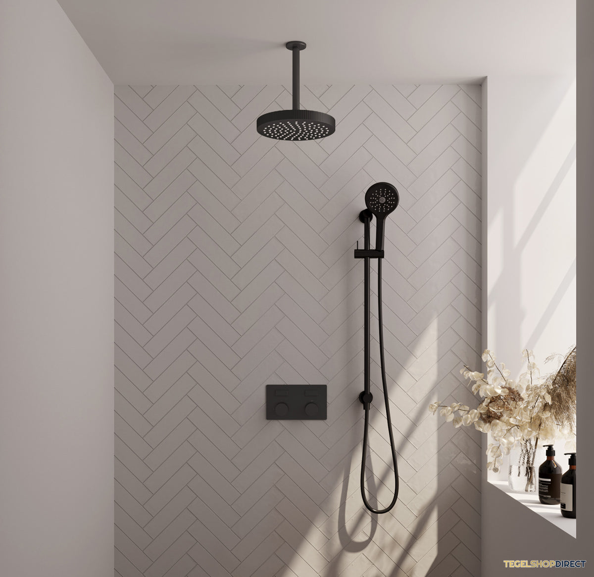 Brauer Stripe thermostatische inbouw regendouche met drukknoppen SET 36 met 25 cm douchekop en plafondarm en 3-standen handdouche en doucheslang en geintegreerde glijstang mat zwart