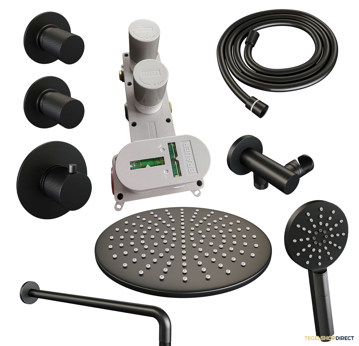 Regendoucheset Inbouw Brauer Black Carving Thermostatisch 30cm met Gebogen Wandarm en Handdouche 3-Standen Losse Stopkranen Mat Zwart – afbeelding 3