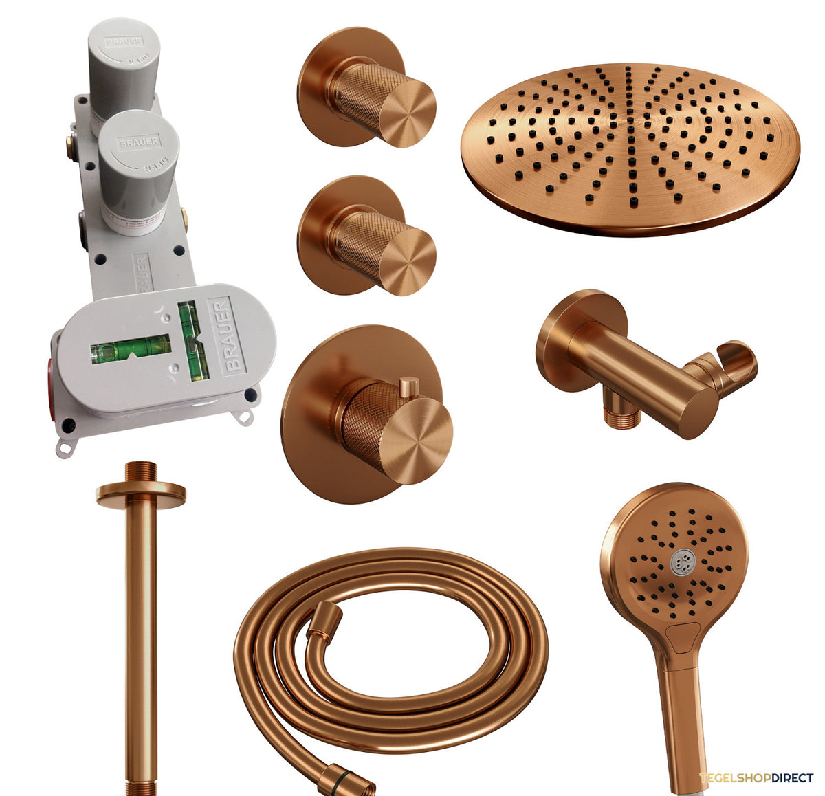 Regendoucheset Inbouw Brauer Copper Carving Thermostatisch 30cm met Plafondarm en Handdouche 3-Standen Losse Stopkranen Geborsteld Koper – afbeelding 4