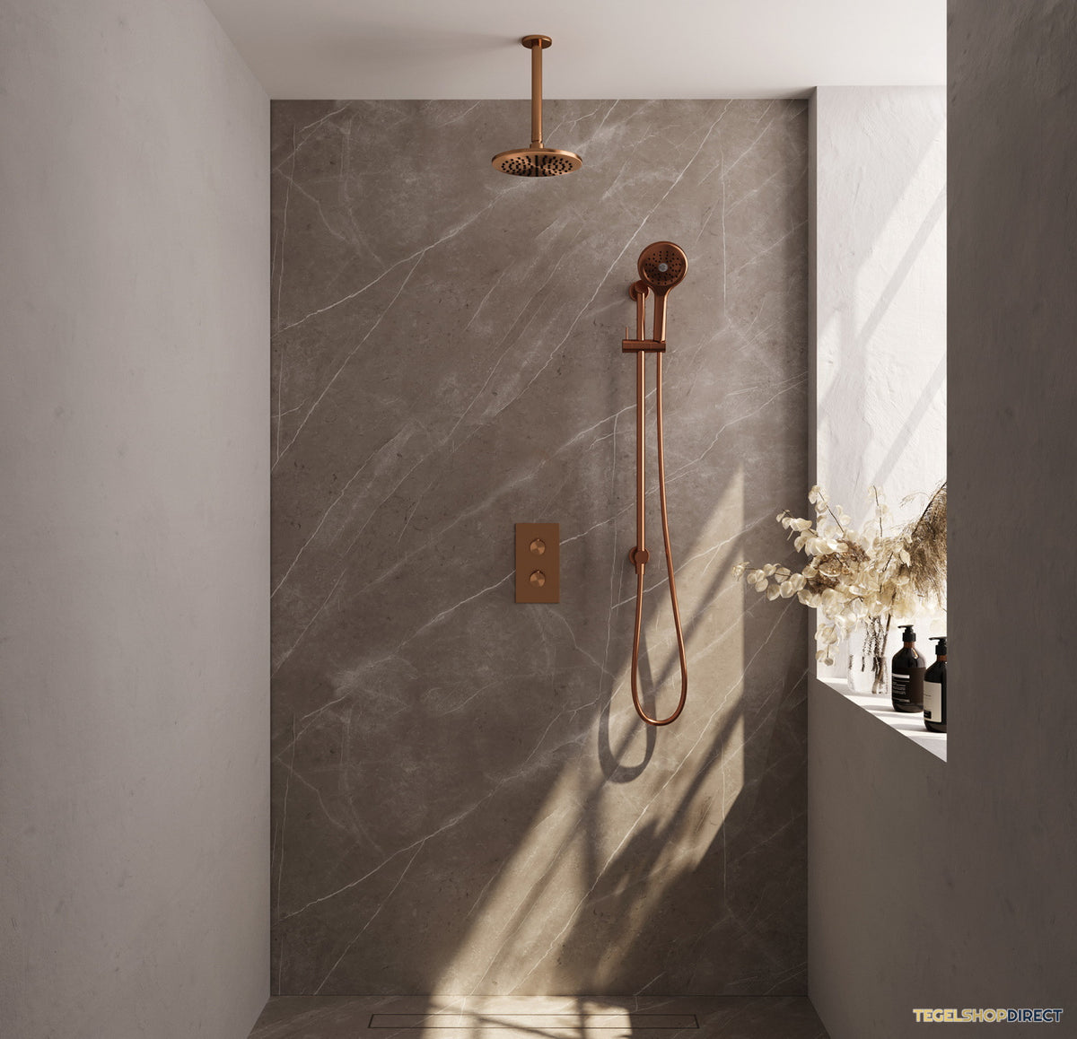 Regendoucheset Inbouw Brauer Copper Carving Thermostatisch 20cm met 3-Weg Omstelling, Plafondarm, Glijstang en Handdouche 3-Standen Geborsteld Koper – afbeelding 2