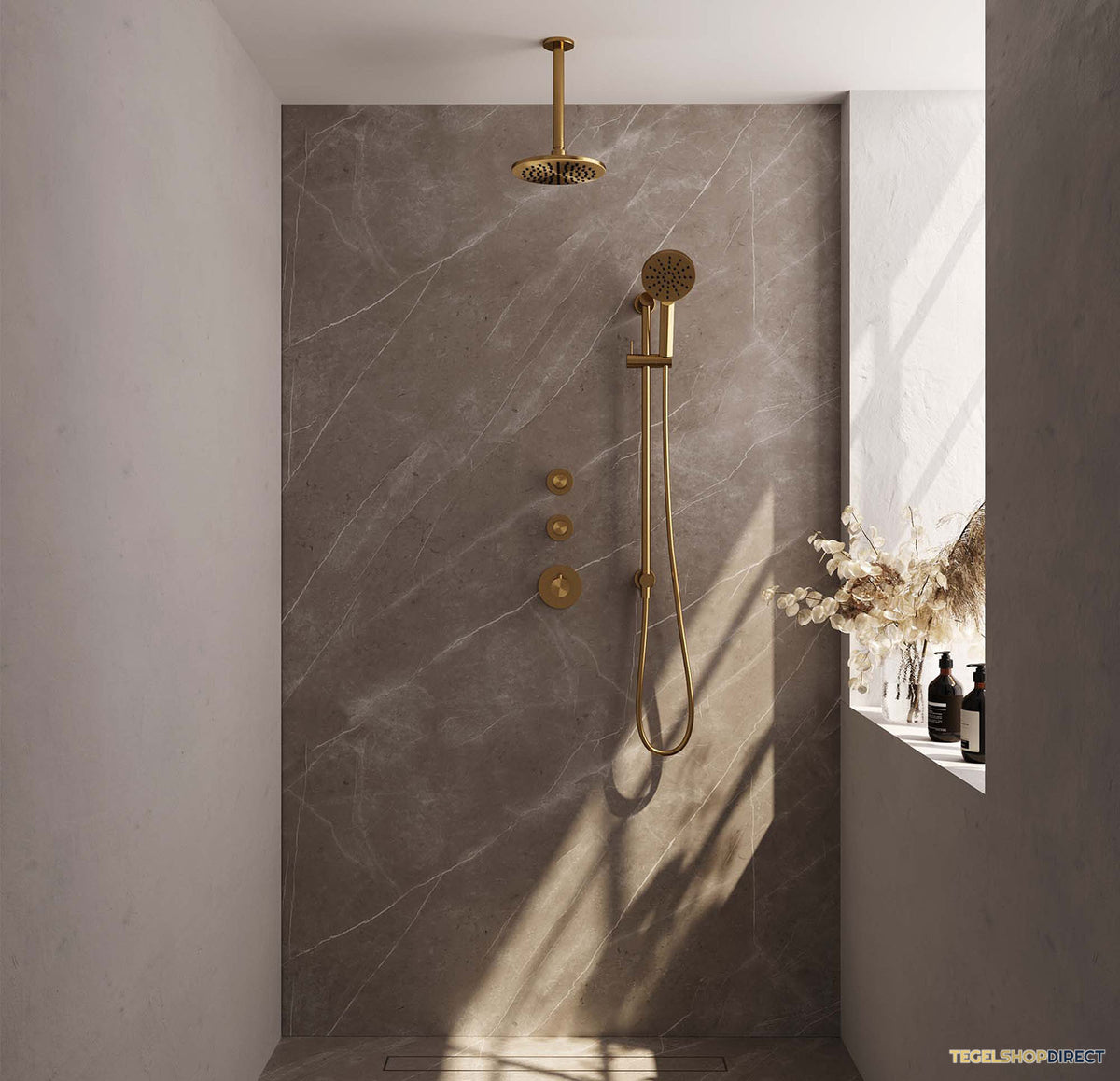 Regendoucheset Inbouw Brauer Gold Carving Thermostatisch 20cm met Plafondarm, Glijstang en Handdouche 3-Standen Losse Stopkranen Geborsteld Goud – afbeelding 2