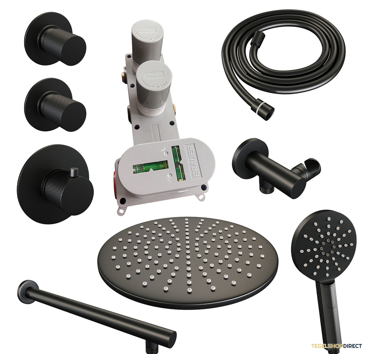 Regendoucheset Inbouw Brauer Black Carving Thermostatisch 30cm met Wandarm en Handdouche 3-Standen Losse Stopkranen Mat Zwart – afbeelding 3