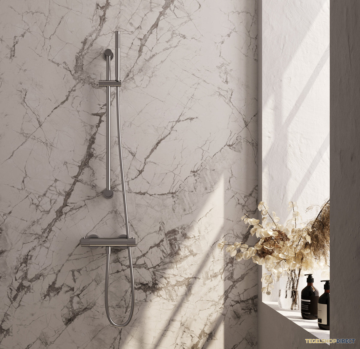 Brauer Stripe opbouw douche thermostaatkraan SET 01 met glijstang en staaf handdouche en doucheslang RVS-kleurig geborsteld PVD