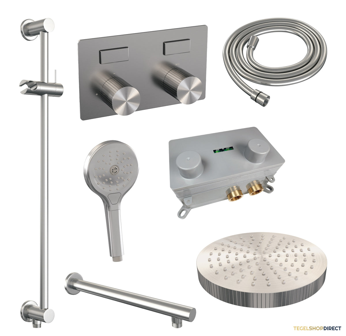 Brauer Stripe thermostatische inbouw regendouche met drukknoppen SET 34 met 25 cm douchekop en rechte muurarm en 3-standen handdouche en doucheslang en geintegreerde glijstang RVS-kleurig geborsteld PVD – afbeelding 3