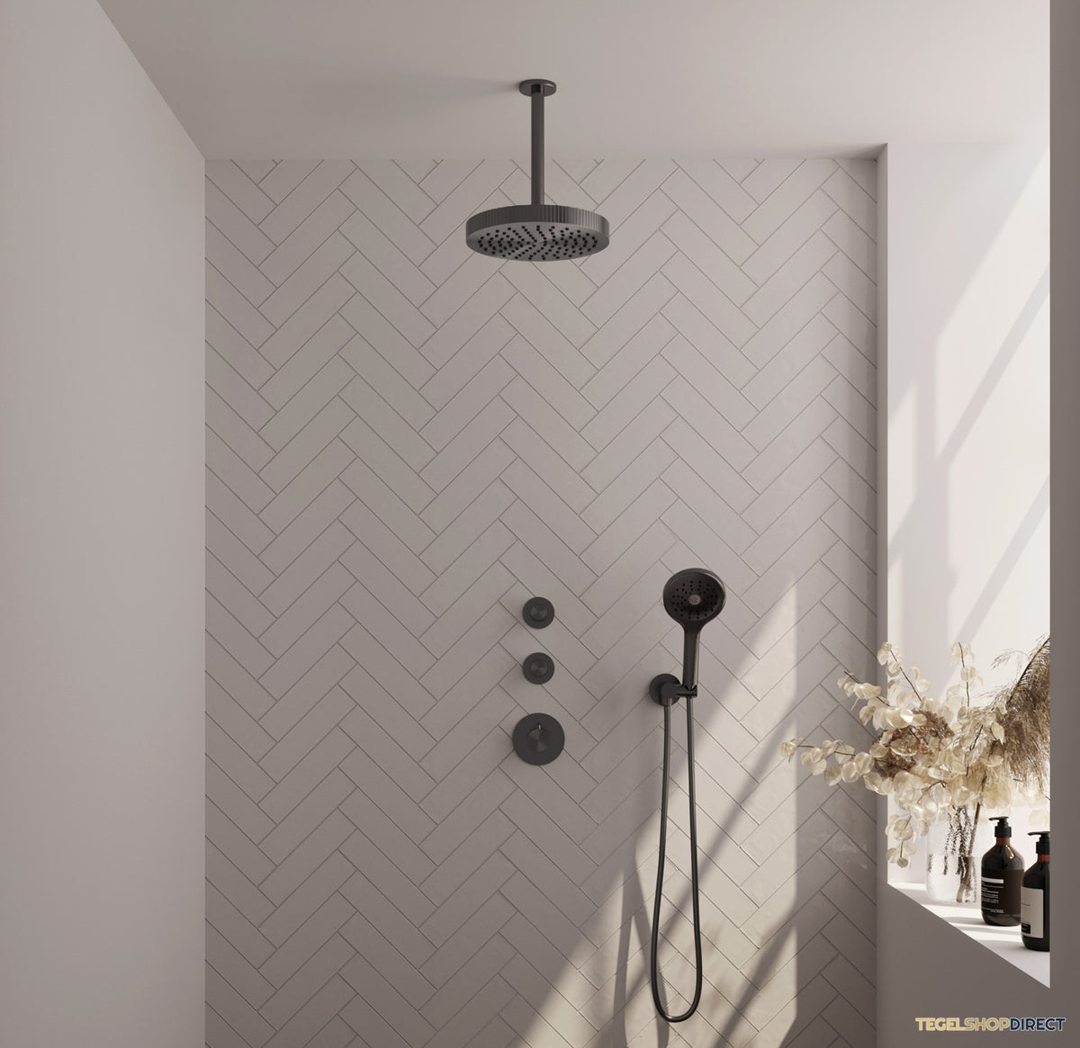 Brauer Stripe thermostatische inbouw regendouche SET 06 met 25 cm douchekop en plafondarm en 3-standen handdouche en doucheslang en wandaansluitbocht gunmetal geborsteld PVD
