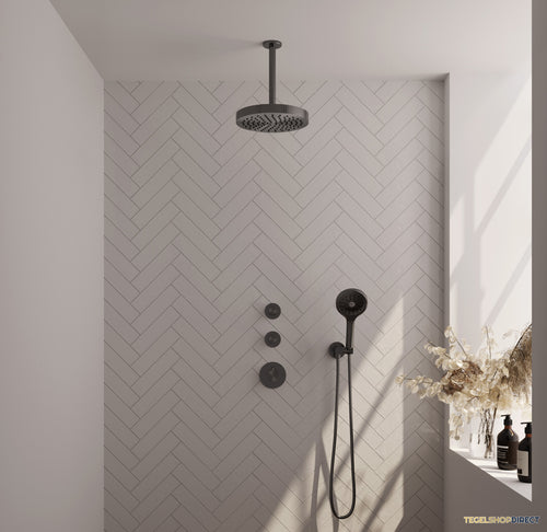 Brauer Stripe thermostatische inbouw regendouche SET 06 met 25 cm douchekop en plafondarm en 3-standen handdouche en doucheslang en wandaansluitbocht gunmetal geborsteld PVD