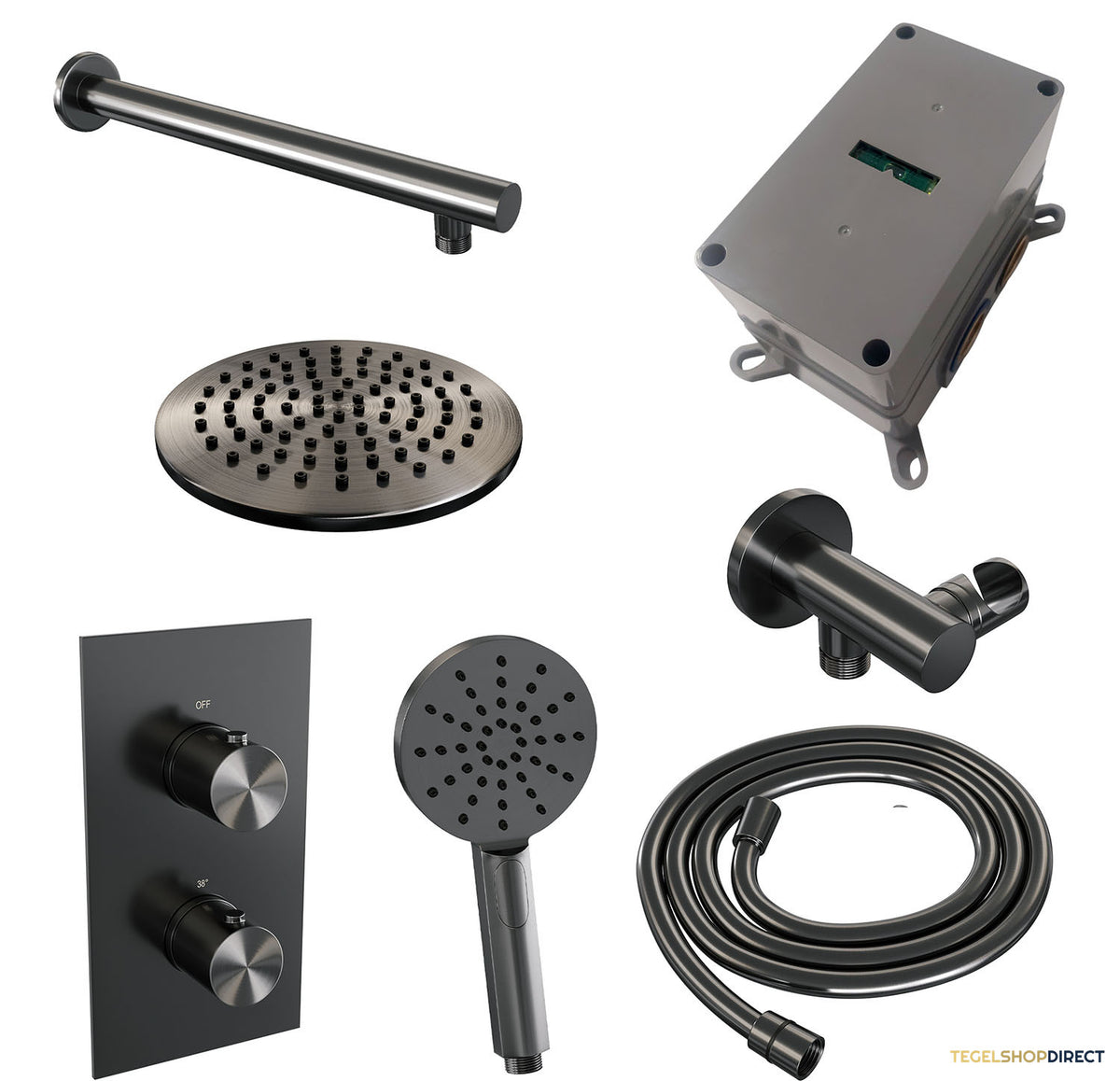 Regendoucheset Inbouw Brauer Gunmetal Edition Thermostatisch 20cm met 3-Weg Omstelling, Wandarm en 3-Standen Handdouche Geborsteld Gunmetal – afbeelding 3