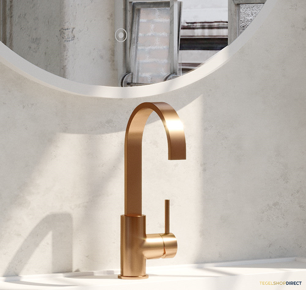 Wastafelmengkraan Brauer Copper Edition Coldstart Opbouw Hoog Plat Gebogen Ronde Hendel Geborsteld Koper PVD – afbeelding 2