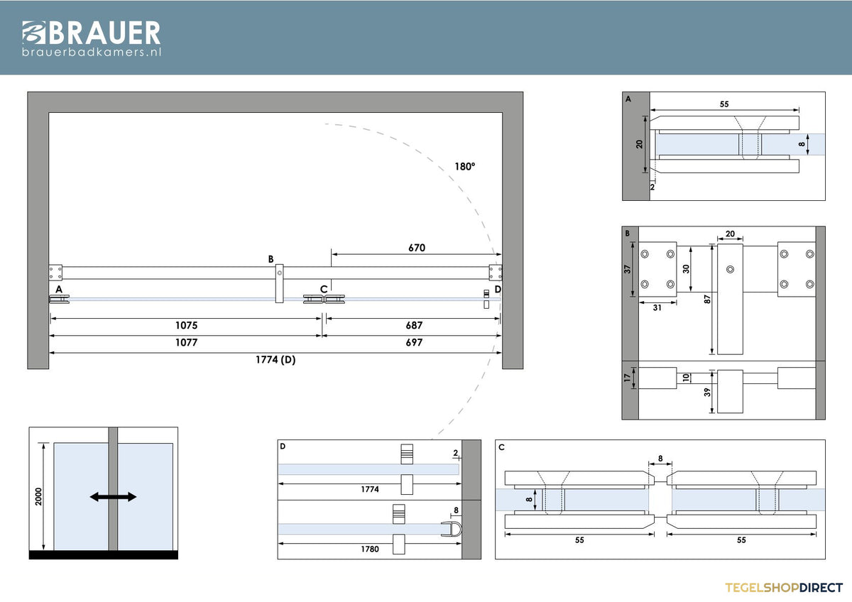 BRAUER Void nisdeur 2-delig helder glas 180x200 omkeerbaar met draaideur 70 aan glas incl. glascoating PVD RVS-kleurig – afbeelding 6
