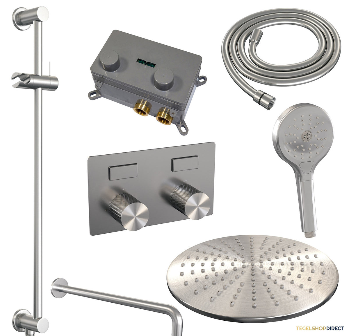 Thermostatische Inbouw Regendouche Brauer Carving Edition Met Drukknoppen SET 70 Met 30 cm Douchekop En Gebogen Muurarm En Staaf 3-Standen Handdouche En Doucheslang En Geintergreerde Glijstang RVS Geborsteld PVD