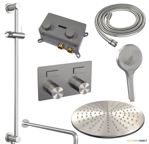 Thermostatische Inbouw Regendouche Brauer Carving Edition Met Drukknoppen SET 70 Met 30 cm Douchekop En Gebogen Muurarm En Staaf 3-Standen Handdouche En Doucheslang En Geintergreerde Glijstang RVS Geborsteld PVD