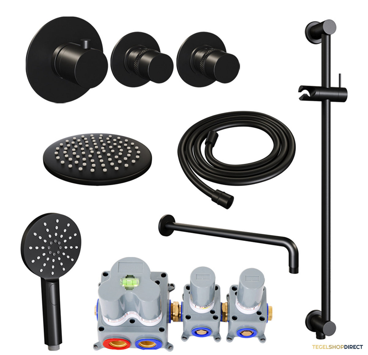 Inbouw Regendouche Set Brauer Black Edition Gebogen Wanduitloop Ronde Hoofddouche 20 cm Met Twee Stopkranen Handdouche 3 Standen en Glijstang Mat Zwart – afbeelding 2