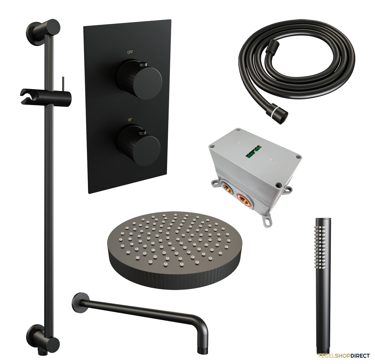 Brauer Stripe thermostatische inbouw regendouche 3-weg rechthoekig SET 20 met 25 cm douchekop en gebogen muurarm en staaf handdouche en doucheslang en geintegreerde glijstang mat zwart – afbeelding 3