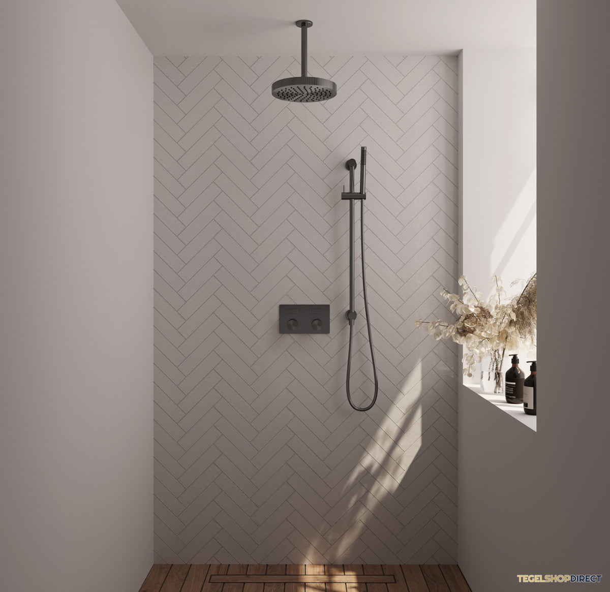Brauer Stripe thermostatische inbouw regendouche met drukknoppen SET 33 met 25 cm douchekop en plafondarm en staaf handdouche en doucheslang en geintegreerde glijstang gunmetal geborsteld PVD – afbeelding 2