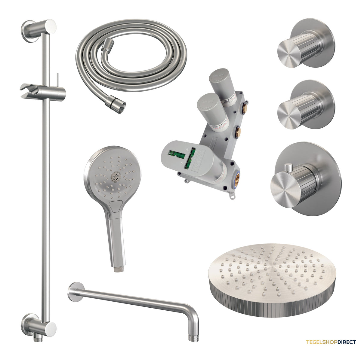 Brauer Stripe thermostatische inbouw regendouche SET 11 met 25 cm douchekop en gebogen muurarm en 3-standen handdouche en doucheslang en geintegreerde glijstang RVS-kleurig geborsteld PVD – afbeelding 3