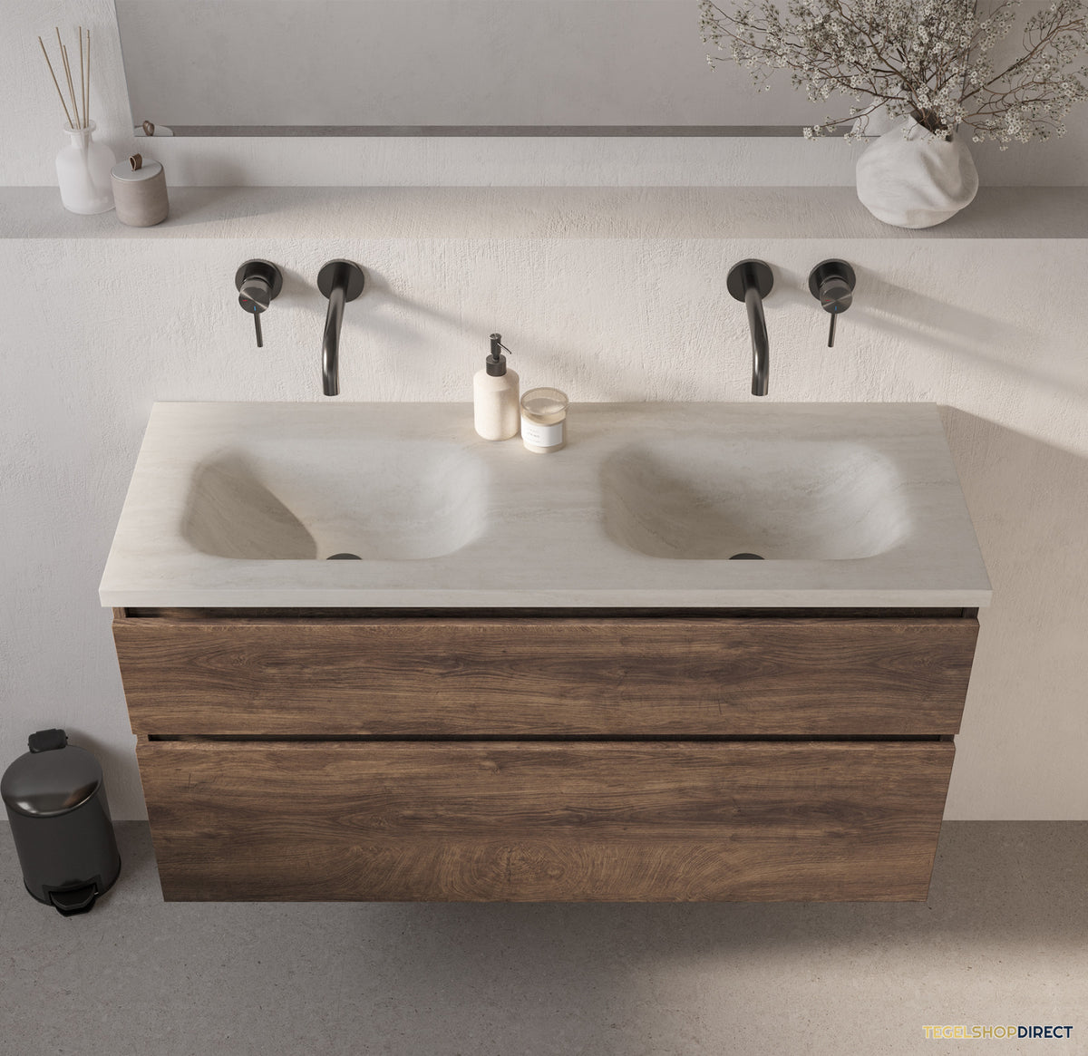 BRAUER Dune Medium wastafel 120 cm met 2 wasbakken en 0 kraangaten Sintered Stone Ivory Travertin