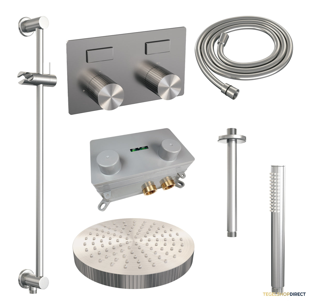 Brauer Stripe thermostatische inbouw regendouche met drukknoppen SET 33 met 25 cm douchekop en plafondarm en staaf handdouche en doucheslang en geintegreerde glijstang RVS-kleurig geborsteld PVD – afbeelding 3