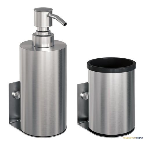 Zeepdispenser en Beker BRAUER Model A Incl. Wand Ophanging en Magnetisch opzetvlak Geborsteld RVS