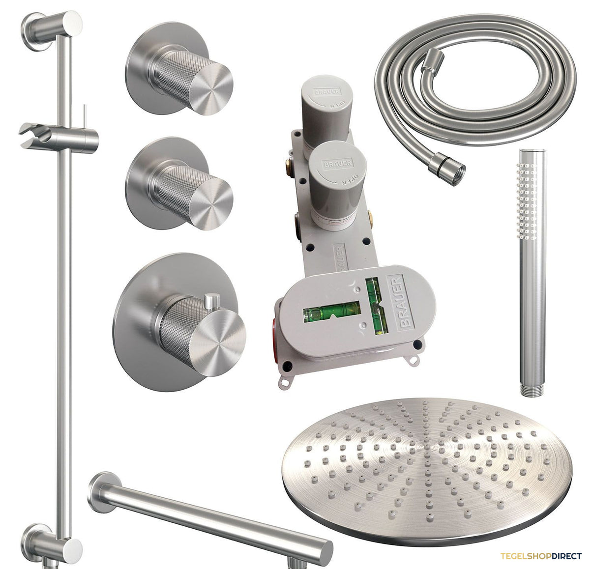 Regendoucheset Inbouw Brauer Brushed Carving Thermostatisch 30cm met Wandarm, Glijstang en Handdouche Staaf Losse Stopkranen Geborsteld RVS – afbeelding 3