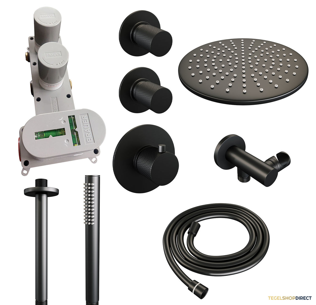 Regendoucheset Inbouw Brauer Black Carving Thermostatisch 30cm met Plafondarm en Handdouche Staaf Losse Stopkranen Mat Zwart – afbeelding 3