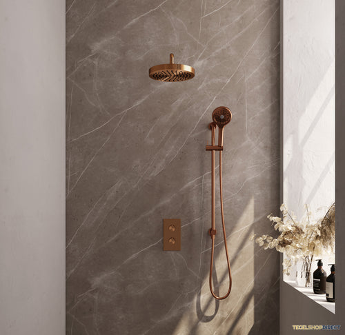 Brauer Stripe thermostatische inbouw regendouche 3-weg rechthoekig SET 23 met 25 cm douchekop en gebogen muurarm en 3-standen handdouche en doucheslang en geintegreerde glijstang koper geborsteld PVD