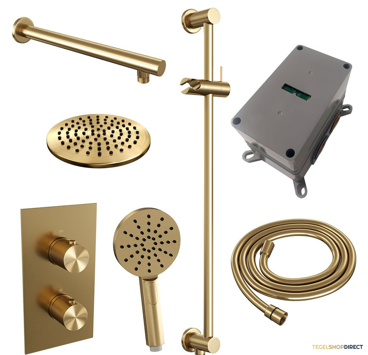 Regendoucheset Inbouw Brauer Gold Carving Thermostatisch 20cm met 3-Weg Omstelling, Wandarm, Glijstang en Handdouche 3-Standen Geborsteld Goud – afbeelding 4