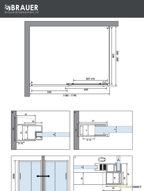 BRAUER Season douchecabine model B met schuifdeur helder glas 120x90x200 omkeerbaar incl. glascoating Season-RVS-kleurig – afbeelding 4