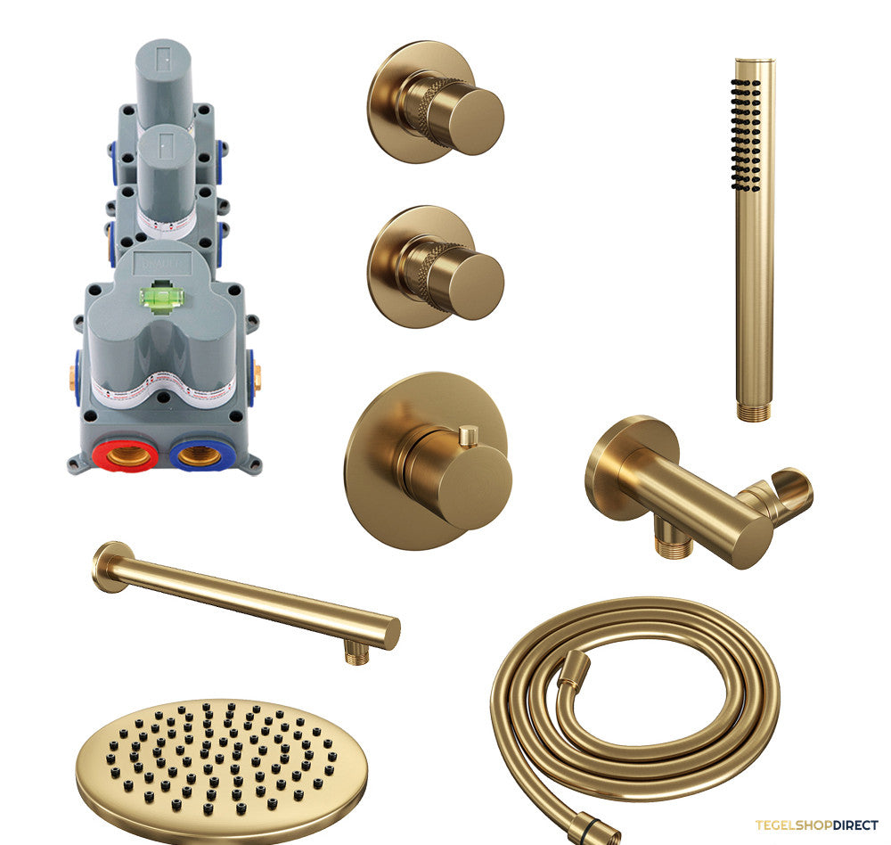 Regendoucheset Inbouw Brauer Gold Edition Thermostatisch 20cm met Wandarm en Handdouche Staaf Losse Stopkranen Geborsteld Goud – afbeelding 2