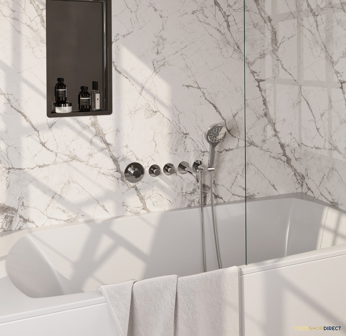 Brauer Stripe thermostatische inbouw badkraan SET 02 met uitloop en 3-standen handdouche en doucheslang en wandaansluitbocht chroom