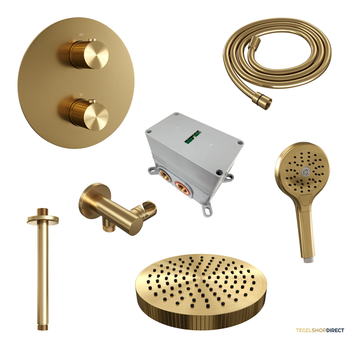 Brauer Stripe thermostatische inbouw regendouche 3-weg rond SET 42 met 25 cm douchekop en plafondarm en 3-standen handdouche en doucheslang en wandaansluitbocht goud geborsteld PVD – afbeelding 3