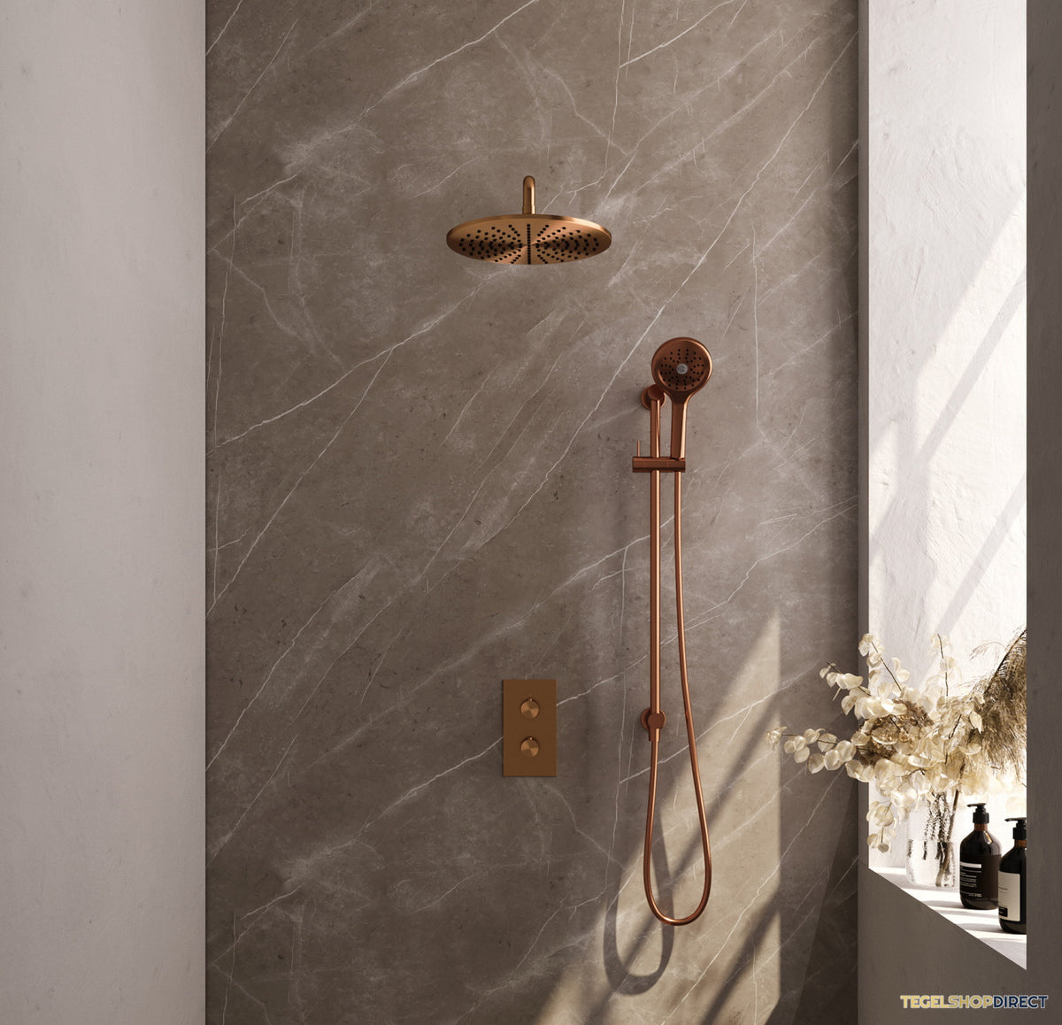 Regendoucheset Inbouw Brauer Copper Carving Thermostatisch 30cm met 3-Weg Omstelling, Gebogen Wandarm, Glijstang en 3-Standen Handdouche Geborsteld Koper – afbeelding 2