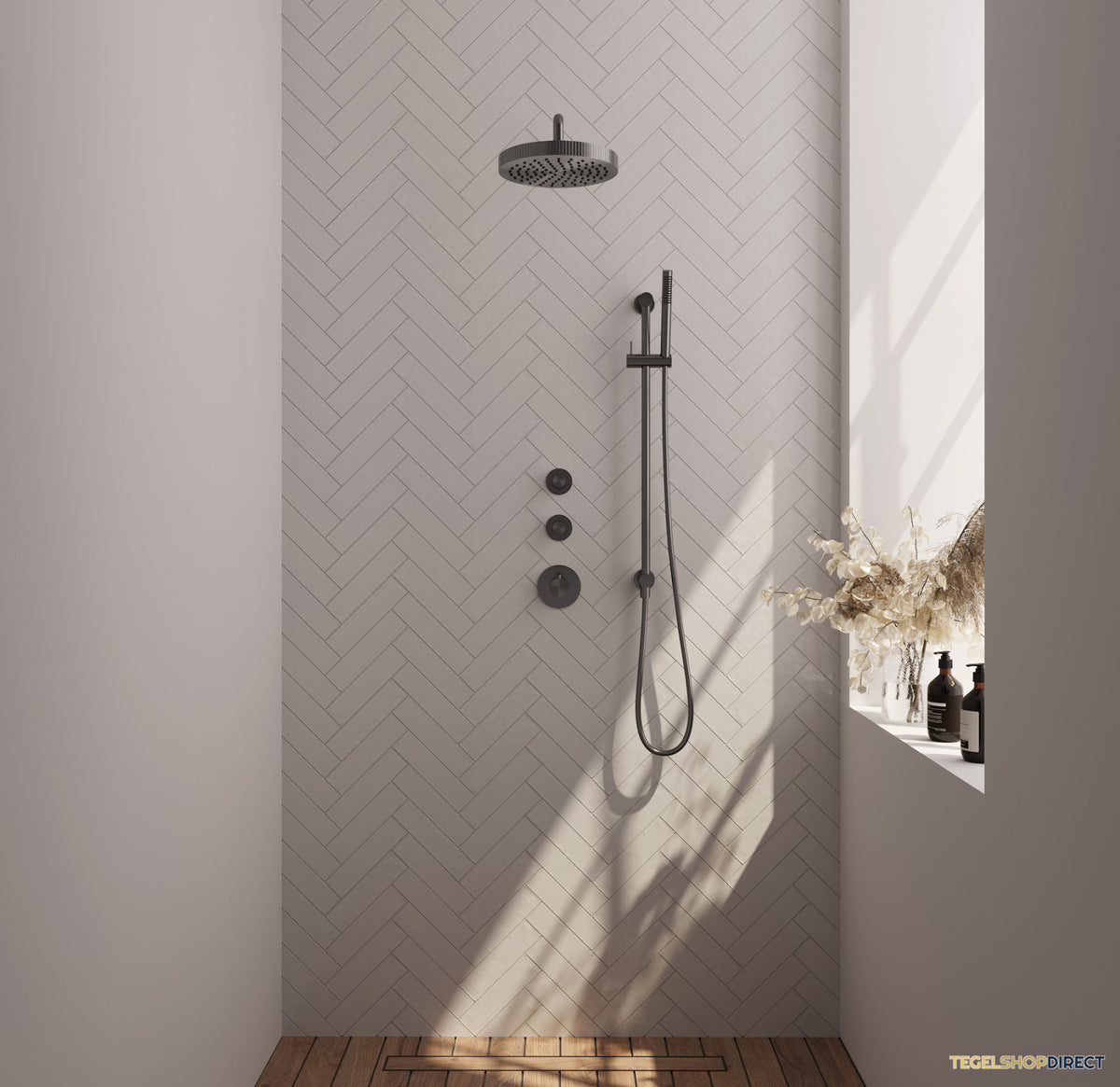 Brauer Stripe thermostatische inbouw regendouche SET 08 met 25 cm douchekop en gebogen muurarm en staaf handdouche en doucheslang en geintegreerde glijstang gunmetal geborsteld PVD – afbeelding 2