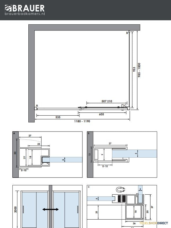 BRAUER Season douchecabine model B met schuifdeur helder glas 120x100x200 omkeerbaar incl. glascoating Season-RVS-kleurig – afbeelding 4