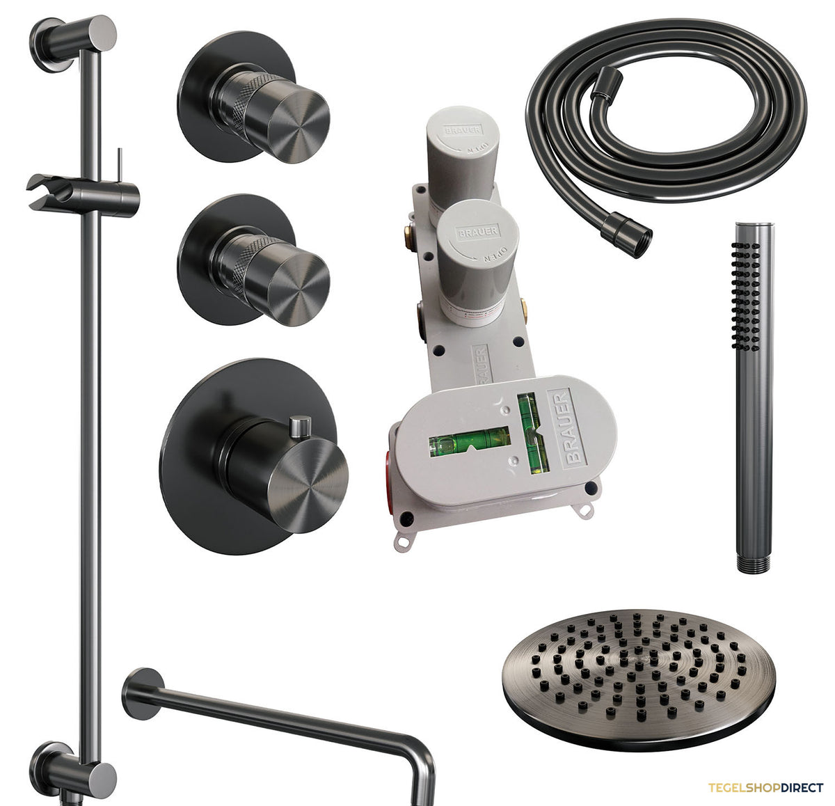 Regendoucheset Inbouw Brauer Gunmetal Edition Thermostatisch 20cm met Gebogen Wandarm, Glijstang en Handdouche Staaf Losse Stopkranen Geborsteld Gunmetal – afbeelding 3