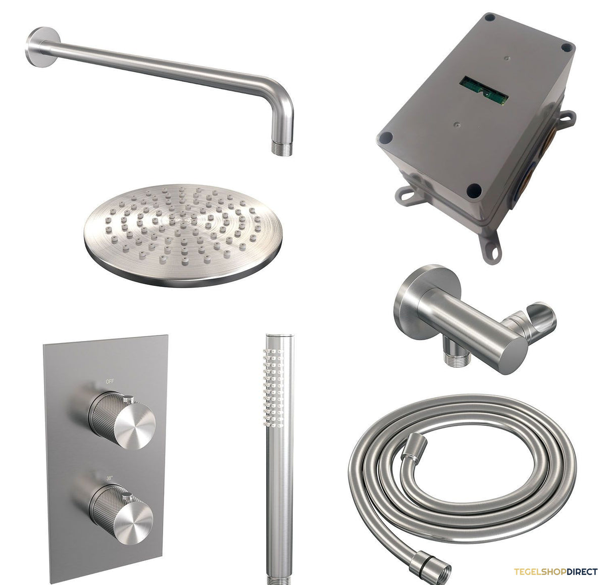 Regendoucheset Inbouw Brauer Brushed Carving Thermostatisch 20cm met 3-Weg Omstelling, Gebogen Wandarm en Staaf Handdouche Geborsteld RVS – afbeelding 3