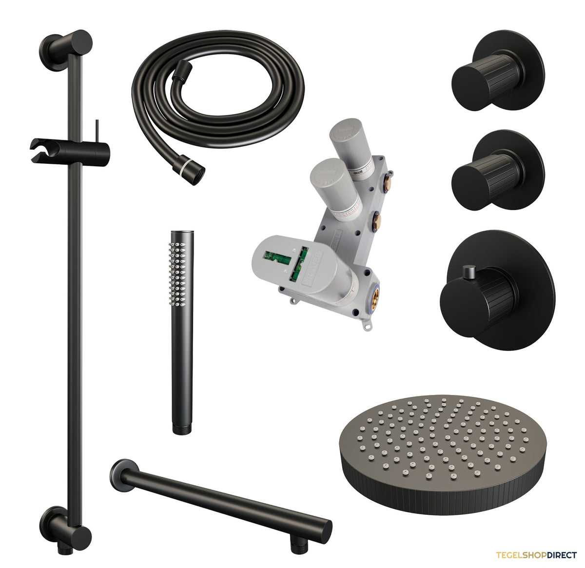 Brauer Stripe thermostatische inbouw regendouche SET 07 met 25 cm douchekop en rechte muurarm en staaf handdouche en doucheslang en geintegreerde glijstang mat zwart – afbeelding 3