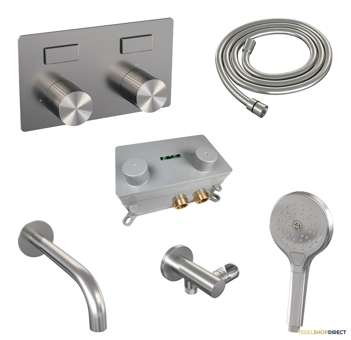 Brauer Stripe thermostatische inbouw badkraan met drukknoppen SET 04 met uitloop en 3-standen handdouche en doucheslang en wandaansluitbocht RVS-kleurig geborsteld PVD – afbeelding 2