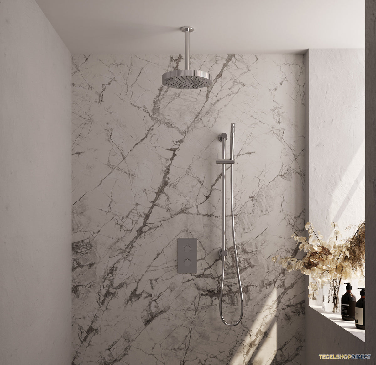 Brauer Stripe thermostatische inbouw regendouche 3-weg rechthoekig SET 21 met 25 cm douchekop en plafondarm en staaf handdouche en doucheslang en geintegreerde glijstang chroom