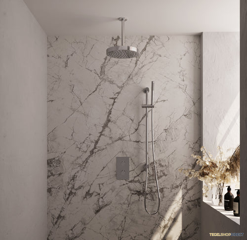Brauer Stripe thermostatische inbouw regendouche 3-weg rechthoekig SET 21 met 25 cm douchekop en plafondarm en staaf handdouche en doucheslang en geintegreerde glijstang chroom