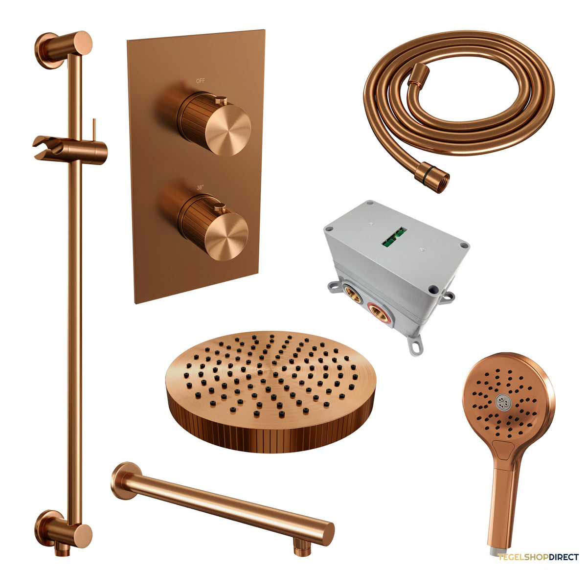 Brauer Stripe thermostatische inbouw regendouche 3-weg rechthoekig SET 22 met 25 cm douchekop en rechte muurarm en 3-standen handdouche en doucheslang en geintegreerde glijstang koper geborsteld PVD – afbeelding 3