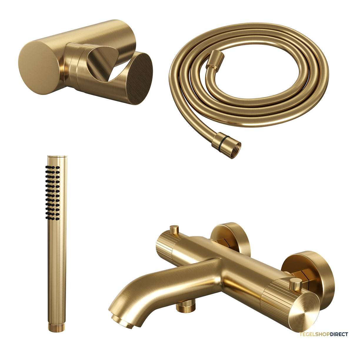 Brauer Stripe opbouw baddouche thermostaatkraan SET 03 met wandhouder en staaf handdouche en doucheslang goud geborsteld PVD – afbeelding 2