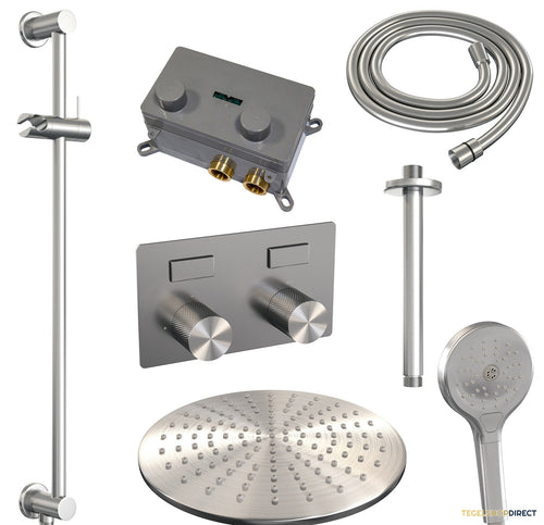 Thermostatische Inbouw Regendouche Brauer Carving Edition Met Drukknoppen SET 72 Met 30 cm Douchekop En Plafondarm En Staaf 3-Standen Handdouche En Doucheslang En Geintergreerde Glijstang RVS Geborsteld PVD