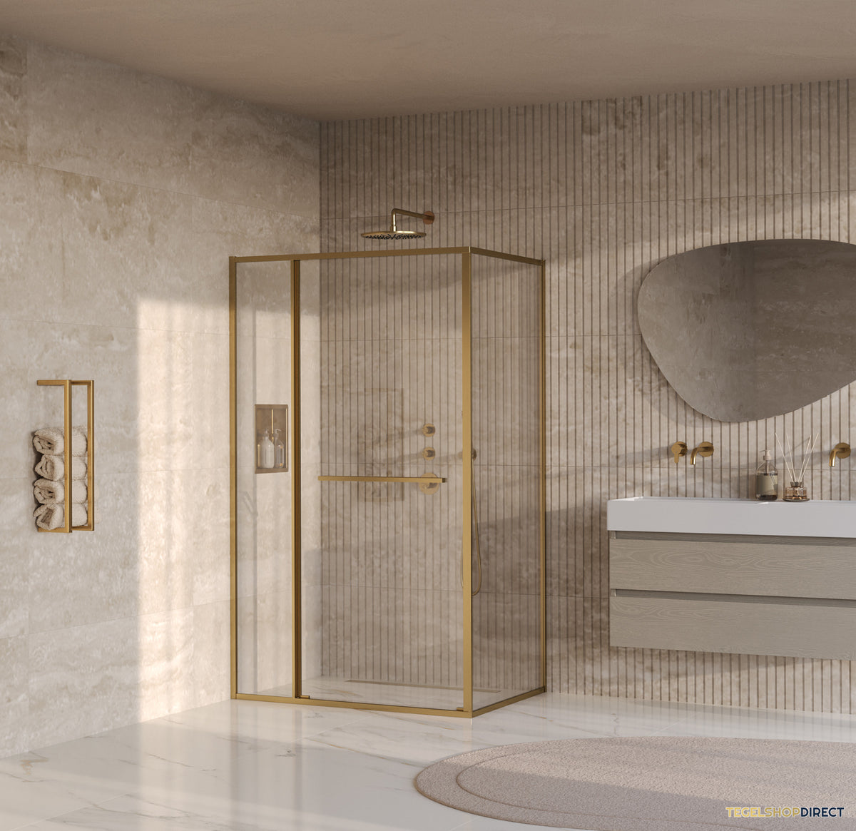 BRAUER Luminis Douchecabine 3-Delig Naar Binnen Draaiend 120x90x200 Omkeerbaar Helder Glas Incl. Glascoating PVD Goud Geborsteld – afbeelding 2