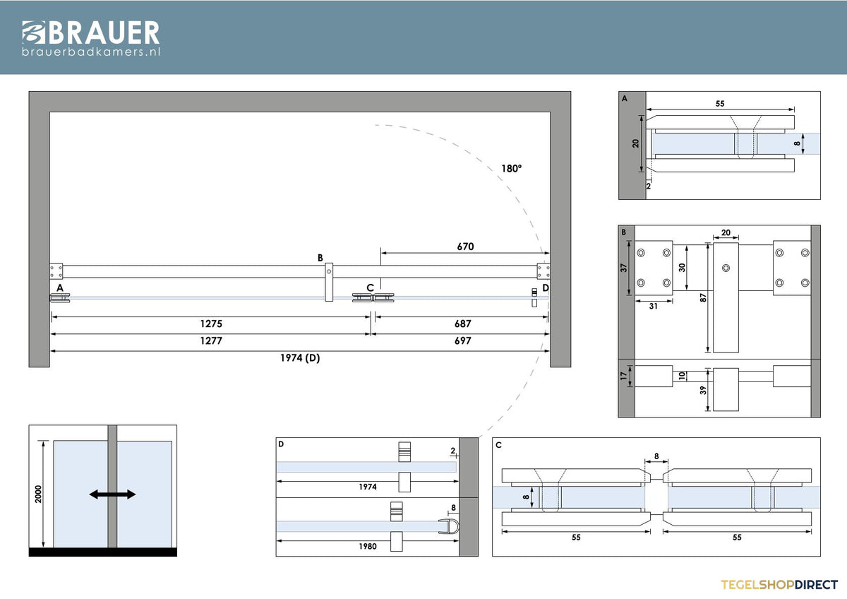 BRAUER Void nisdeur 2-delig helder glas 200x200 omkeerbaar met draaideur 70 aan glas incl. glascoating PVD goud – afbeelding 6