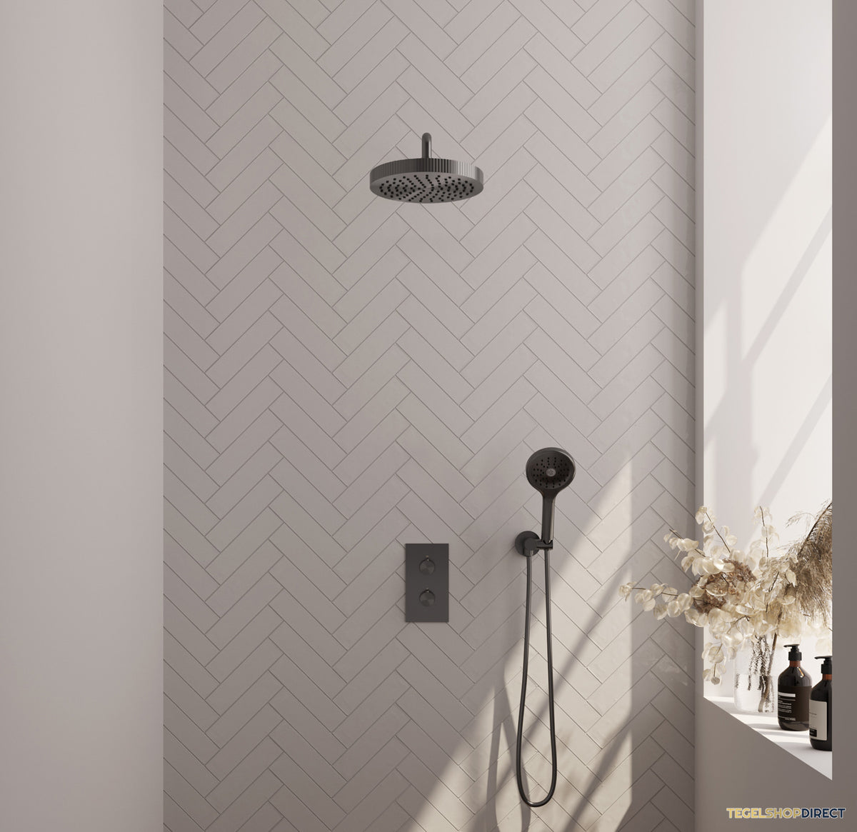 Brauer Stripe thermostatische inbouw regendouche 3-weg rechthoekig SET 17 met 25 cm douchekop en gebogen muurarm en 3-standen handdouche en doucheslang en wandaansluitbocht gunmetal geborsteld PVD